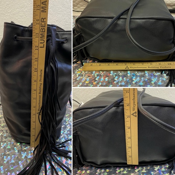 Victoria's Secret Drawstring Blk Faux Leather Backpack Fringe Cinch Bag Bookbag - Picture 8 of 11